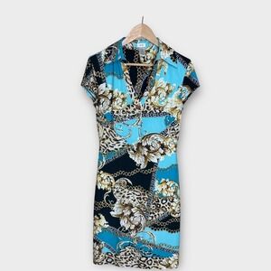 VTG Cache Bodycon Dress Small Mini Baroque Leopard‎ Print Chain Short Sleeve